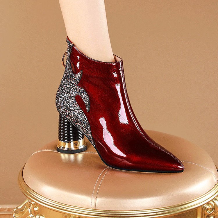 Women's Plus-Size Chunky Mid-heel Ankles Boots - Pointed Toe Zipper Closure Party Boots in Burgundy/Red, Synthetic Cover Outfits Shoes for Formal Events, Everyday & Special Occasions - Hand Washable, Formal Footwear, Rhinestone Embellishments, Textured Finish