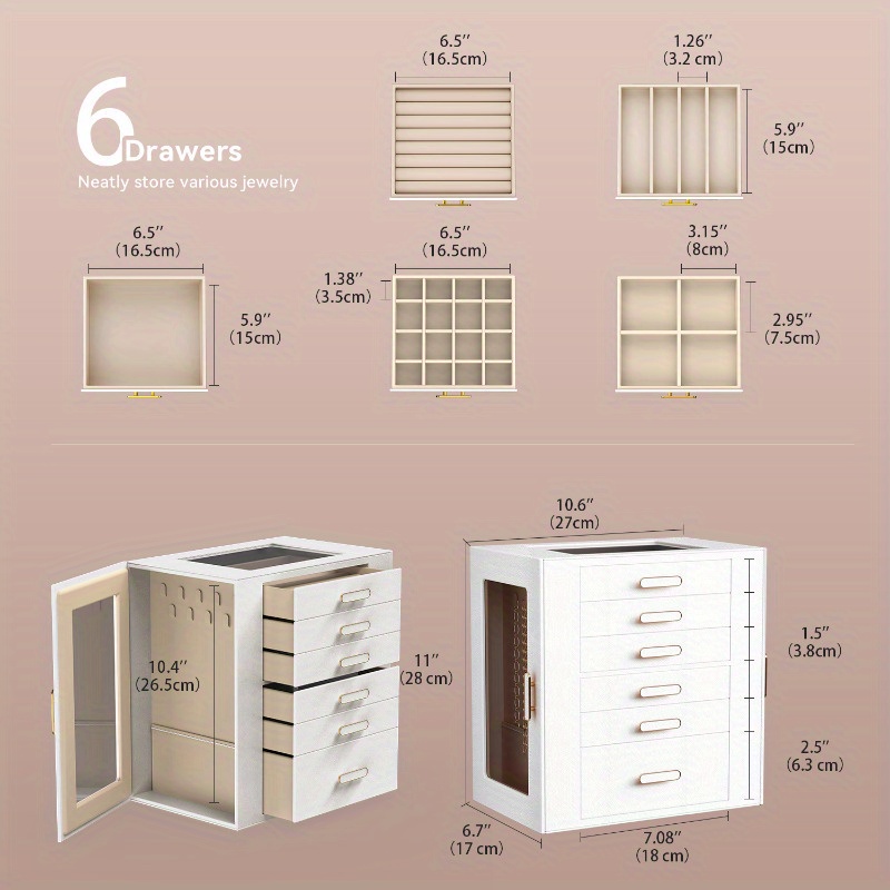 boho chic 6 tier multifunctional   leather jewelry box with clear drawers open shelves large capacity organizer for earrings necklaces bracelets watches elegant gift for women girls christmas valentines day birthdays graduation Product details 1