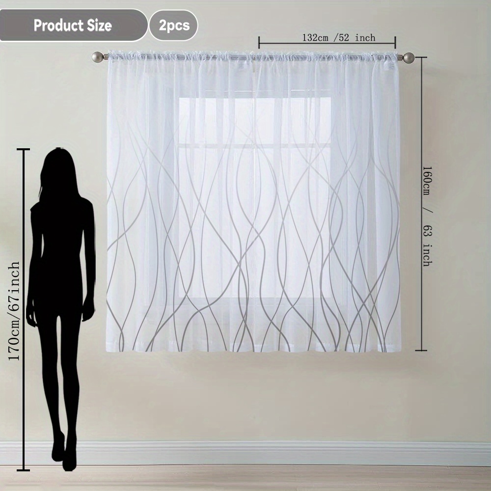 E-shop 2er-Set Kurvenmuster, Leichte Stil bedruckte transparente Gardinen, moderner künstlerischer Stil, fließende Fensterschals, geeignet für Küche,