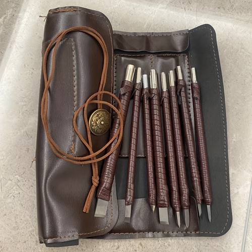 8pcs steel metal stone carving chisels set with leather handle and bag manual operation hand engraving tools kit for wood metal and pottery