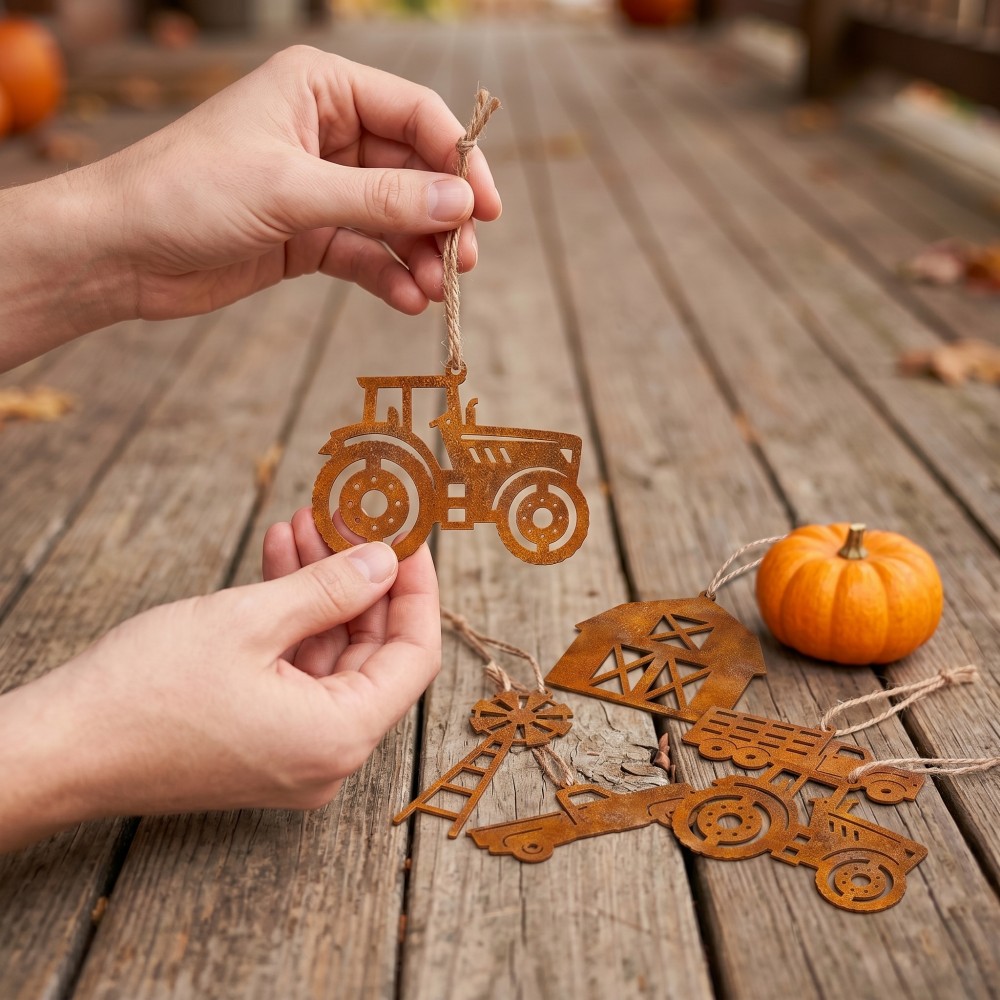 TEMU 6 Rustic Farmhouse- Hanging Decorations, Rusty Metal-style Home Decor, Tractor, Truck, Barn, And Windmill With Rope, Suitable For Farmhouse