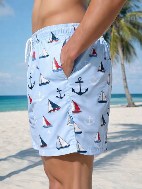 mens summer basic graphic swim trunks quick dry beach wear lightweight polyester fabric breathable mesh lining elastic waist drawstring fashion shorts