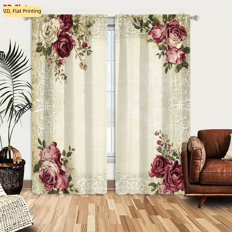   2pcs   room decor curtains lace frame curtain beige textured backing with ornate white floral   and rose corner embellishments   vintage     suitable for bedroom and living room