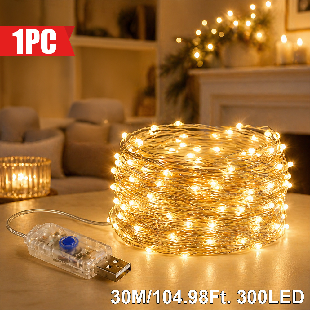 TEMU 1 pieza, Guirnalda de luces de hilo de cobre USB inteligente Majisu, 300/200/100/50 LED, 8 para interior, decoración para estantería, para