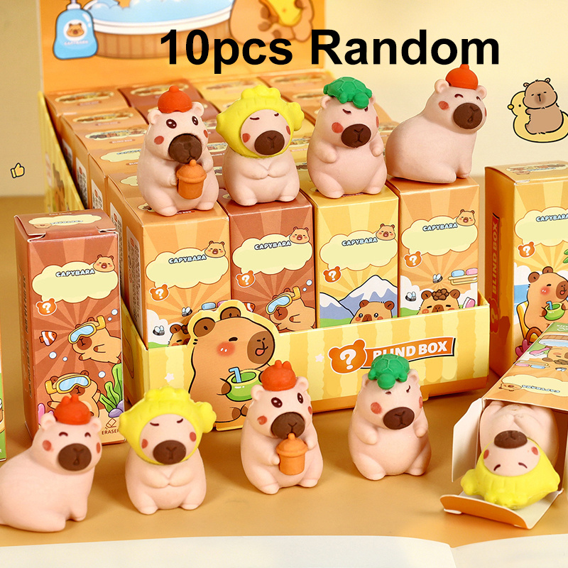 TEMU 10pcs Cute Capybara Styling Eraser Pencil Rubber Kawaii Cartoon Random Blind Box Animal Erasers Stationery Gift Student School Supplies