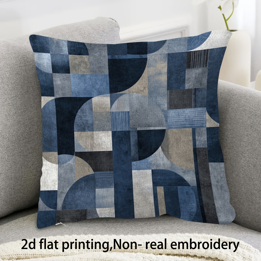 TEMU 1pc Bohemian Geometric Pillowcase, Navy Blue And Gray Abstract Art Pattern, Soft And Smooth Polyester Short Plush Fabric, Single-sided Print,