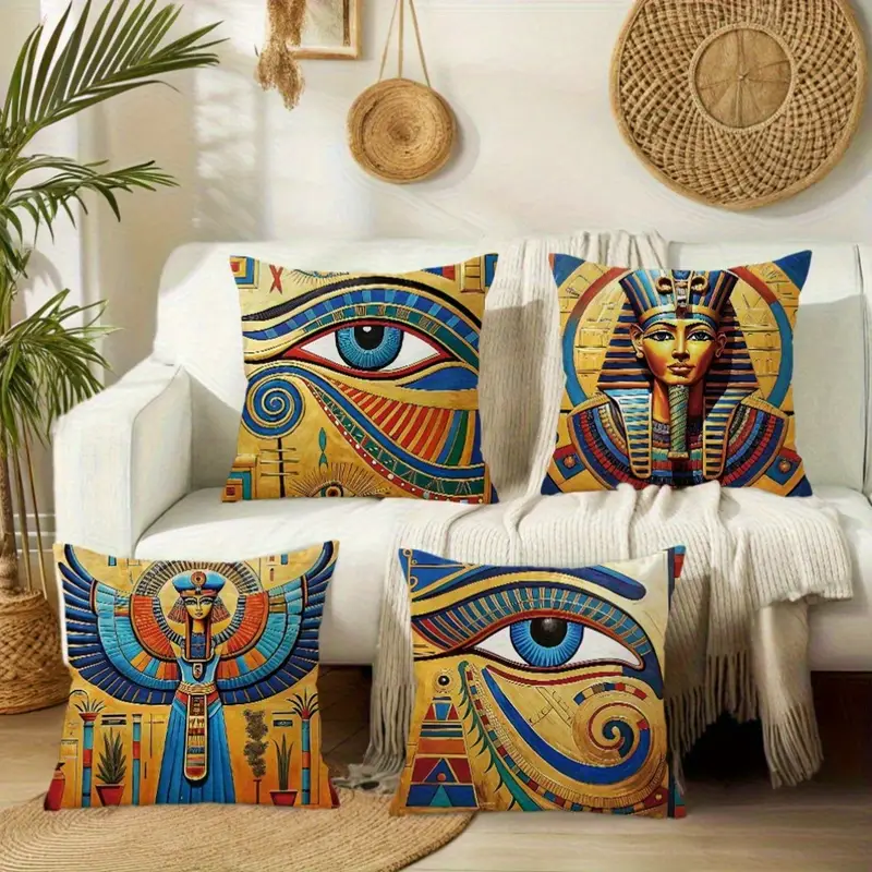 4pcs egyptian themed decorative pillow covers double sided printed polyester with zipper closure vibrant ancient eyes of horus for living room bedroom sofa decor machine washable pillow covers for living room bedroom accessories egyptian pattern artistic detailing Product details 1