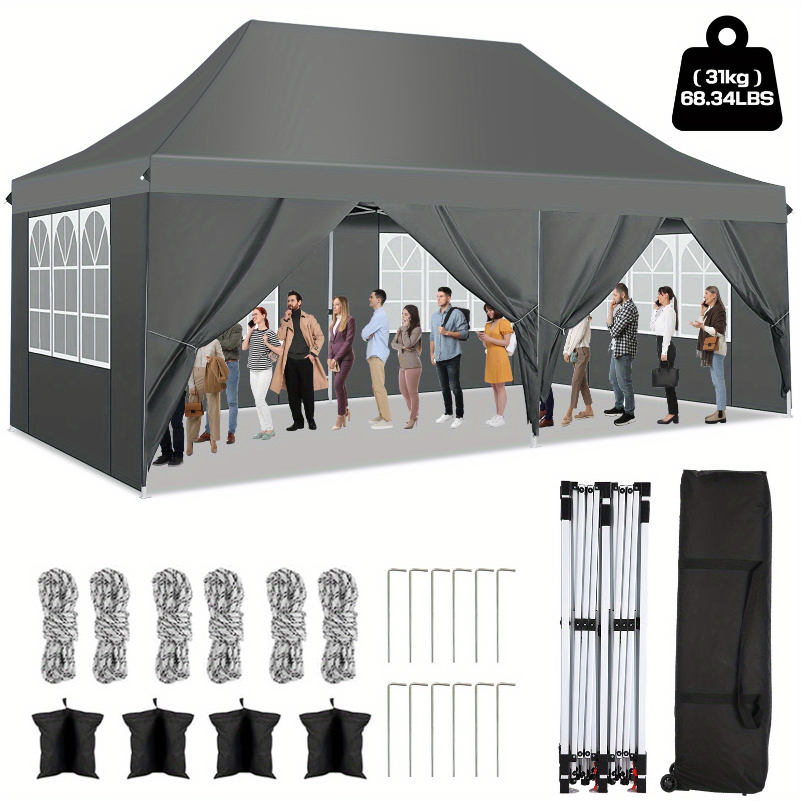 3x6m Zunanji Pop-up Šotor s 4 Snemljivimi Stranskimi Stenami (Srebrna Prevleka), Povišan Zložljiv Šotor z Vrvmi, Žeblji, Vrečami s Peskom,