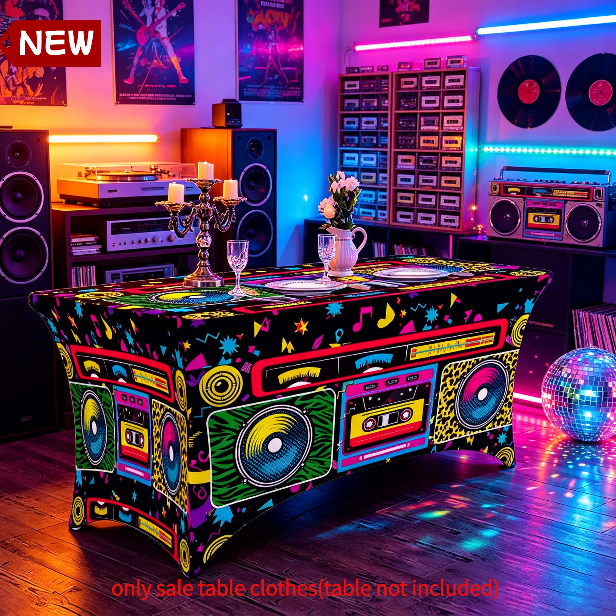 TEMU 1pc Elastic Full Wrap Rectangular Table Cover, Vintage Boombox Cassette Design With Leopard And Zebra Print, Retro Disco Music , Tight Fit