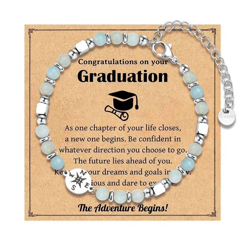 elegant stainless steel beaded compass bracelet, natural stone graduation gift, simple friendship jewelry for high school graduation, daily & gift occasion,   details 0