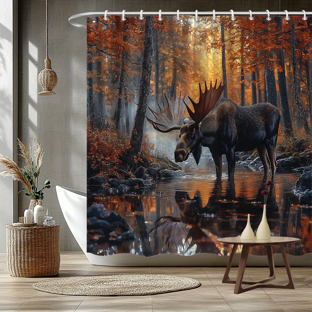 TEMU 1pc Rideau de douche élégant avec motif de forêt d'automne et de grands bois, en polyester durable, lavable en machine, 70,86 x 70,86 pouces, 12