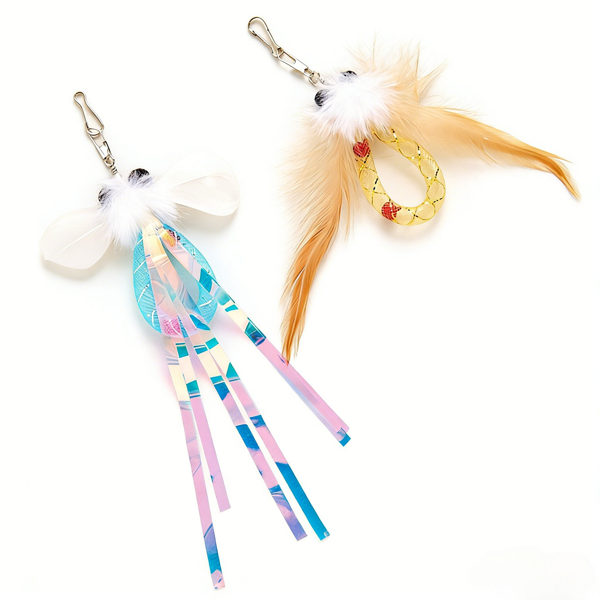 Feather Cat Teaser Wand Replacement Heads with Tassel & Peacock Feathers
