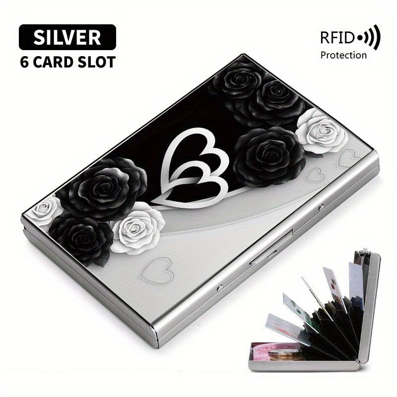 E-shop & Weiße Rose Herz-Muster RFID-Blockierender Unisex Metall-Kartenhalter, Pop-Up-Design, Ultraflache Matte Kartenhülle mit Dual Experience, Unisex