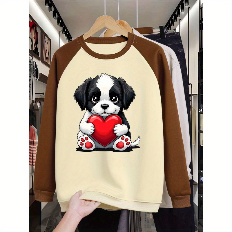 

[smooth Texture] Plus Size Women's Cute Dog & Heart Graphic Sweatshirt - Cozy Raglan Sleeve, Round Neck Pullover In Blue - Casual Autumn/winter Top