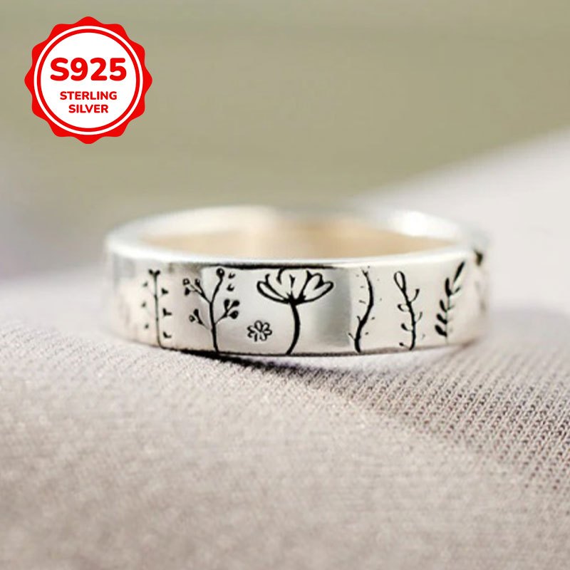 S925 Pure Silver Carved Flower & Tree Pattern Ring