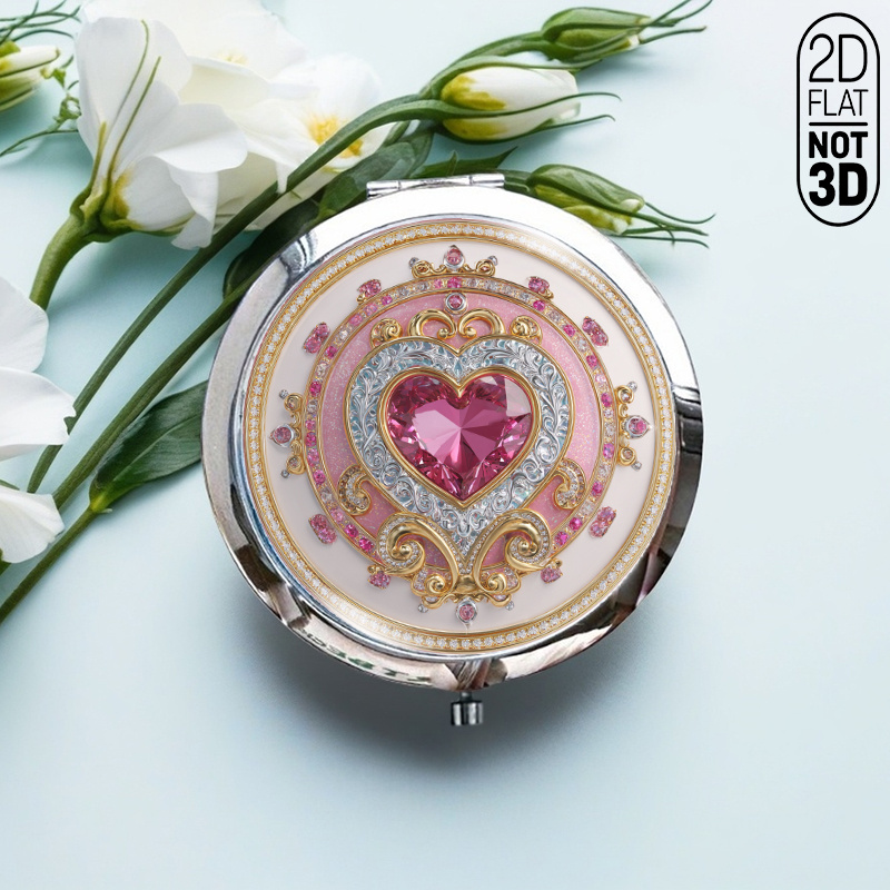 TEMU (2d Flat) 1pc Mini Folding Mirror, Portable Round Makeup Mirror With Sparkling Heart-shaped Pink Gemstone Decoration, Suitable For Touch-ups On