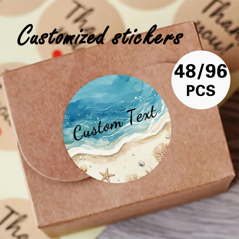 TEMU Custom "beach& Ocean" Round Sticker, Personalize Text+ Watercolor , Starfish& Seashells Design+ Ideal For Party Favors, Scrapbooking, Envelope