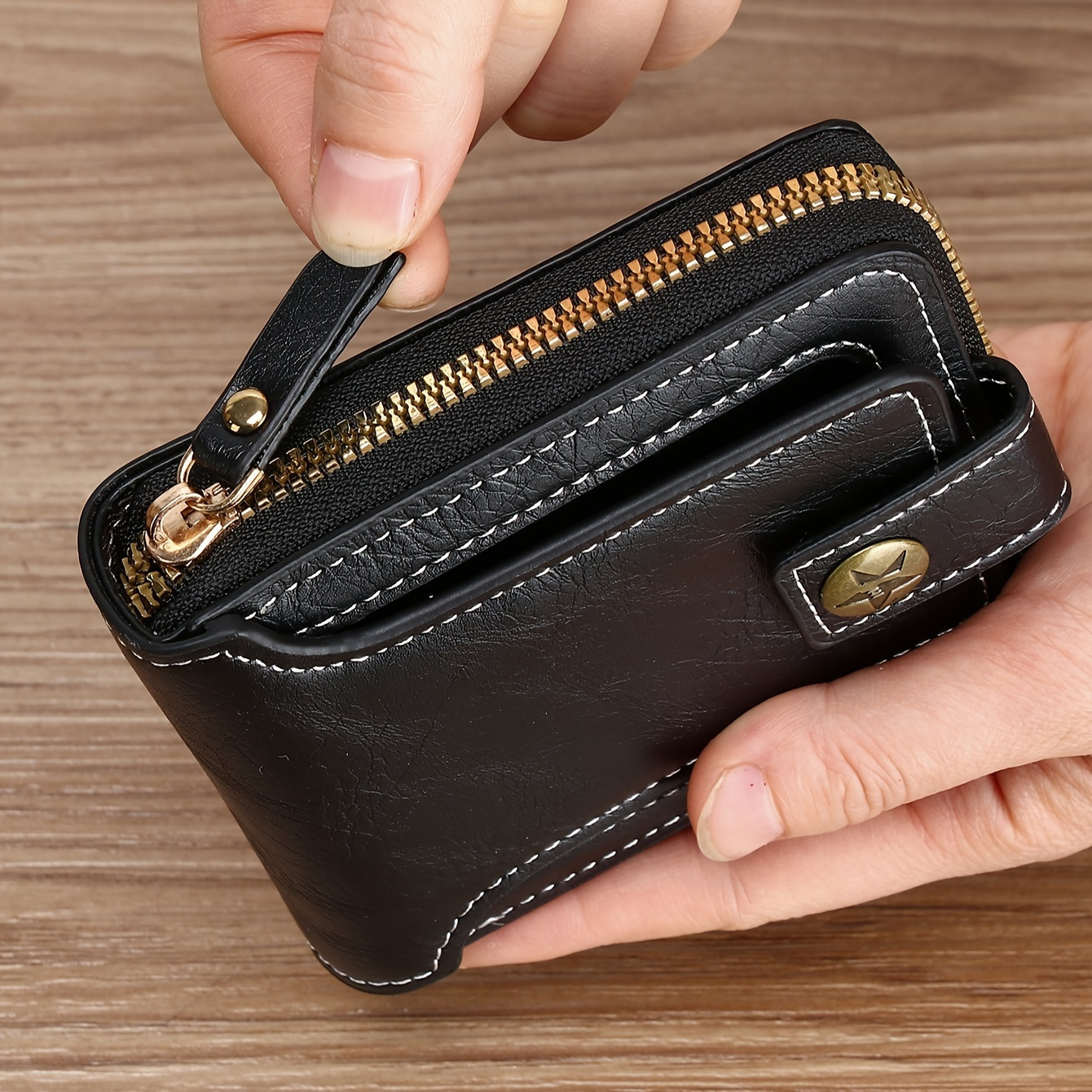 1pc mens stylish tree pattern wallet zipper   pu credit card holder small zipper coin storage button closure ideal gift for him business accessories