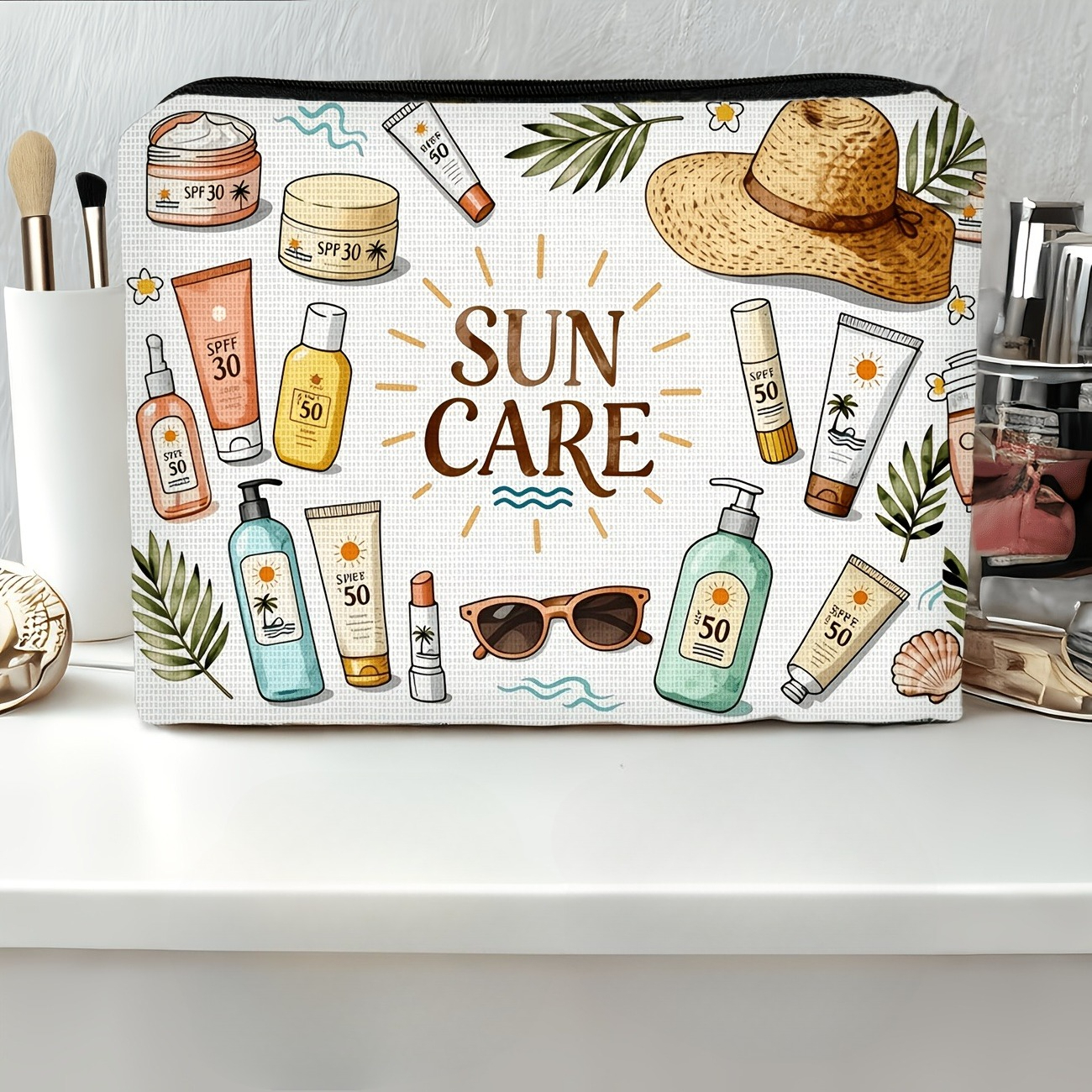 TEMU 1pc Summer Sun Protection Skincare Element Print, Multi-functional Travel Makeup Bag, Emergency Snack Pouch, Durable Zipper Storage Bag, Machine