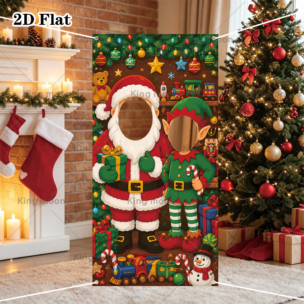 item picture 2d flat 2d flat banner 1pc santa claus and elf cut out photo frame photo booth backdrop christmas winter theme face cut out photography banner with string lights gifts snowman and toy prints party background hangable christmas photo prop
