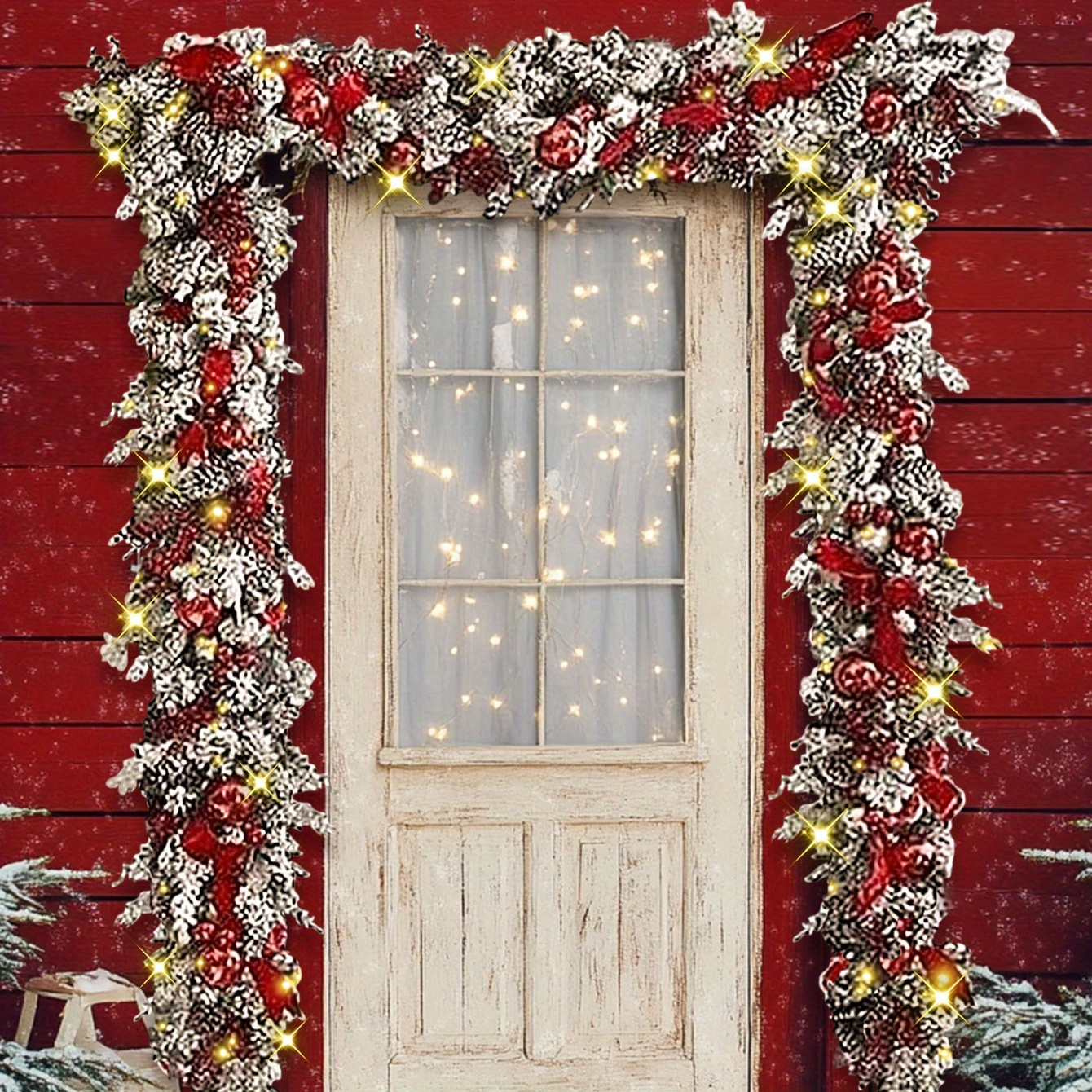 

1 Pack 5.2 Ft Lighted Artificial Flocked Christmas Garland Garland With Red Balls, Decorated With Ornaments For Mantle Stairs, Indoor Outdoor Christmas Silver Garland Advent Season