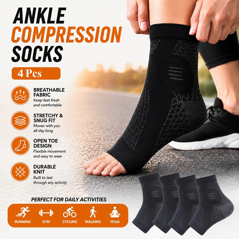 TEMU 4pcs High-quality Compression Ankle Sleeves - Open-toe, Elastic Support Braces With Arch And Ankle Stabilization; Suitable For Daily Wear And