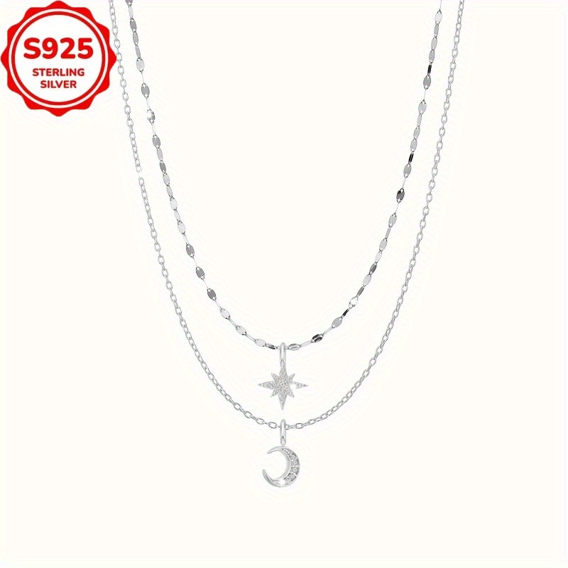 TEMU 1pc Of 925 Sterling Silvery Layered Necklace, Star And Moon Necklace, Women's Jewelry Gifts