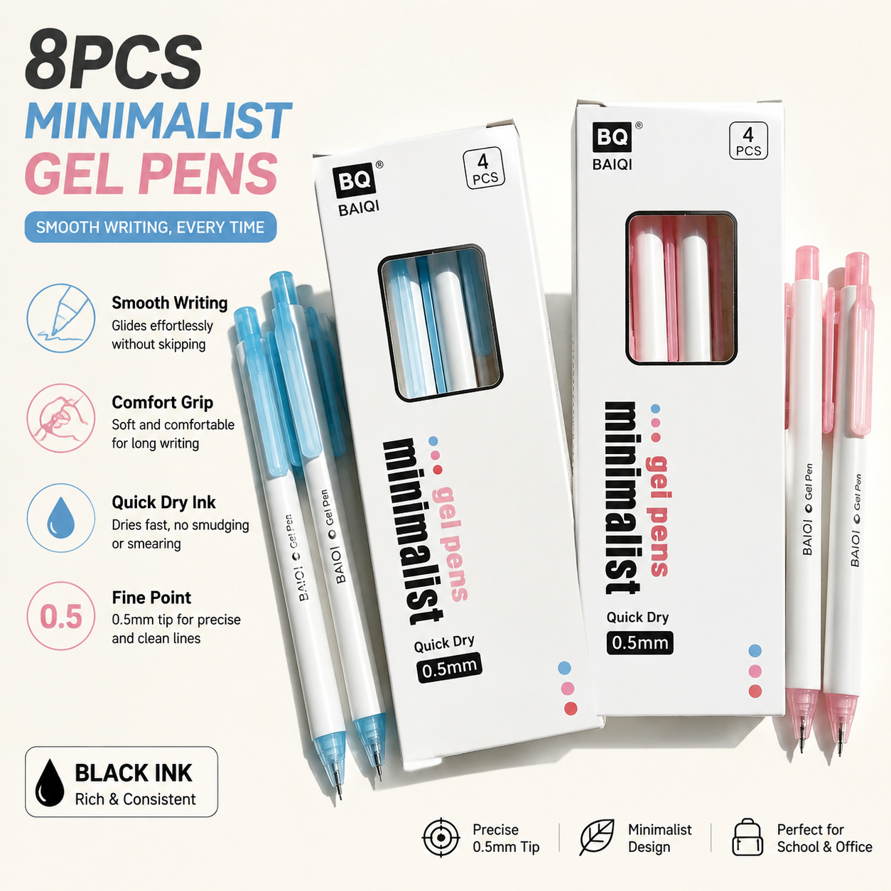 TEMU Set di 8 penne a gel rosa e blu, ricarica , 0,5 mm, eleganti, penne per esercitazioni d'esame, adatte per disegno, , scuola e ufficio, stagione