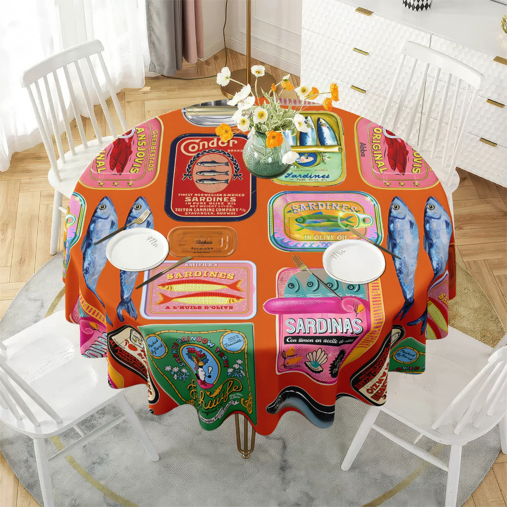 1 stück vintage sardinendosen muster rundtischdecke bunte