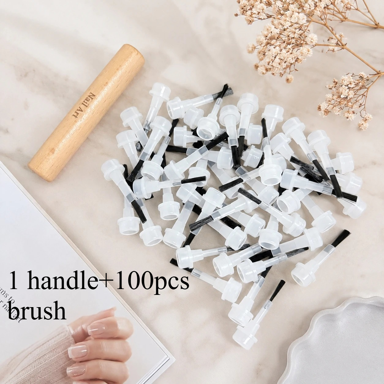 TEMU Set de pinceaux à vernis à ongles jetables avec manche en bois, 100 pièces de capuchons de pinceaux à vernis à ongles remplaçables pour vernis