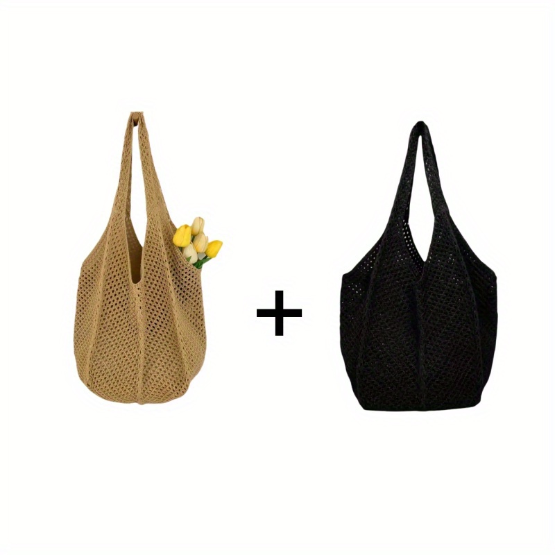 2pcs bohemian mesh beach tote bags for women lightweight crochet   in khaki and black   pool travel and   poolside accessories fixed shoulder straps