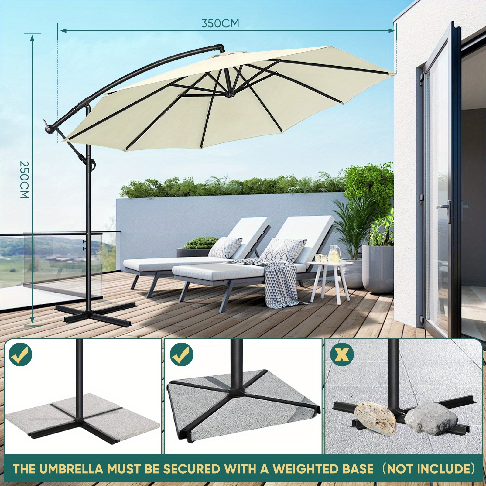 Homlive 300/350cm Hanging Parasol, Round Parasol With Crank, Crank Parasol, Uv Protection, Water Repellent, Garden Parasol
