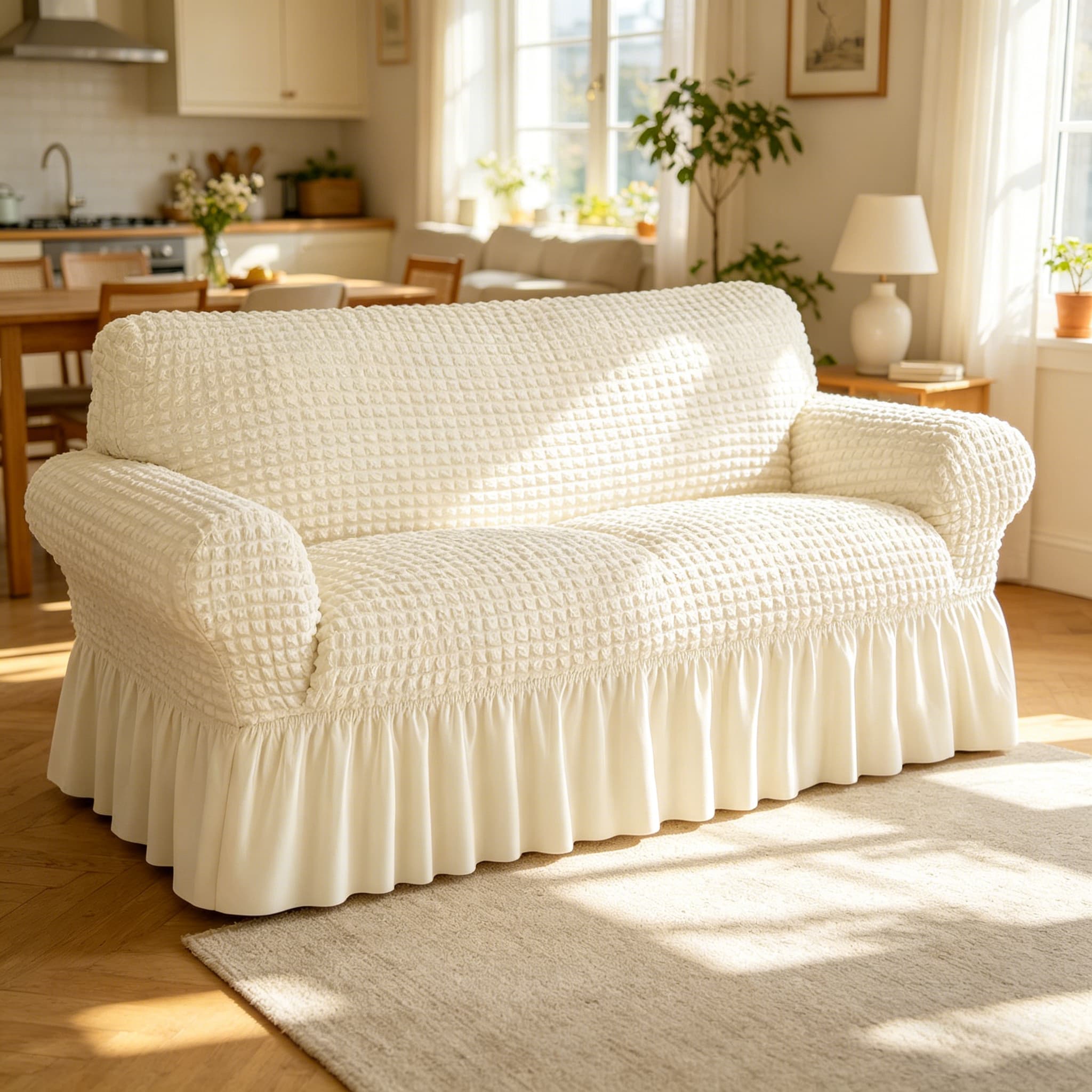 Image of 1pc Elastic Bubble Waffle Armrest Sofa Cover, Skirt Style Sofa Dust Cover, Suitable For Home And Hotel Use