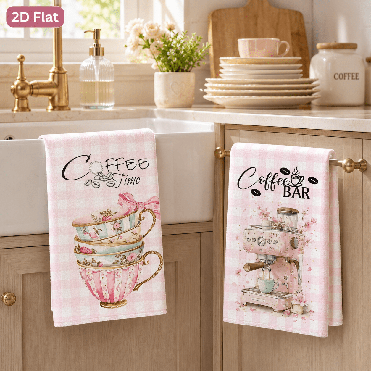 TEMU 2pcs Set Of Cleaning Cloths, Kitchen Towels, Coffee Element Illustration Pink Checkered Microfiber Kitchen Towels, Dishcloths, Soft Cleaning
