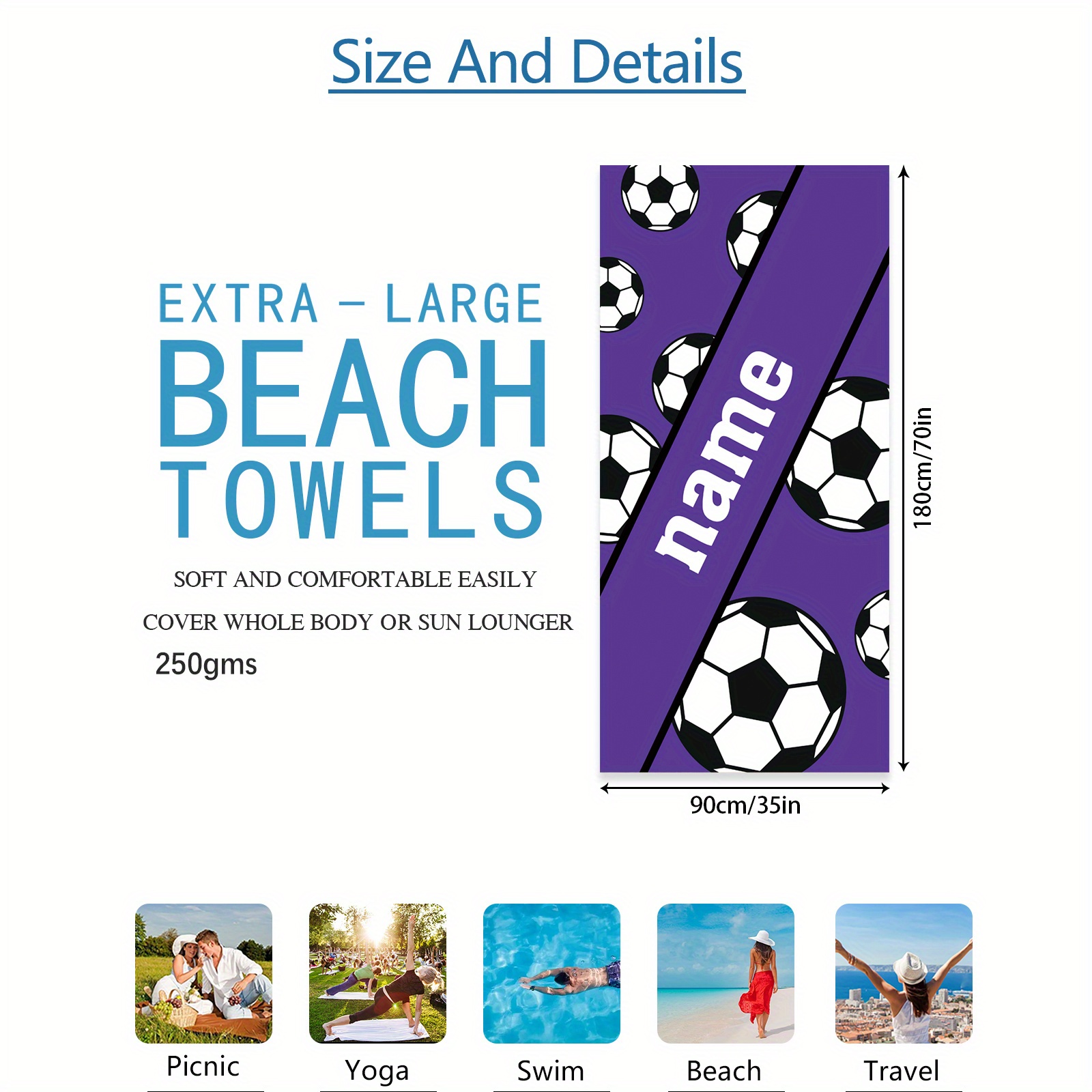 TEMU 1pc Custom Name Beach Towel, Personalized Towel, Soccer Personalized Beach Towel, Towel With Name, Birthday Gift, Colorful Towel, Custom Beach