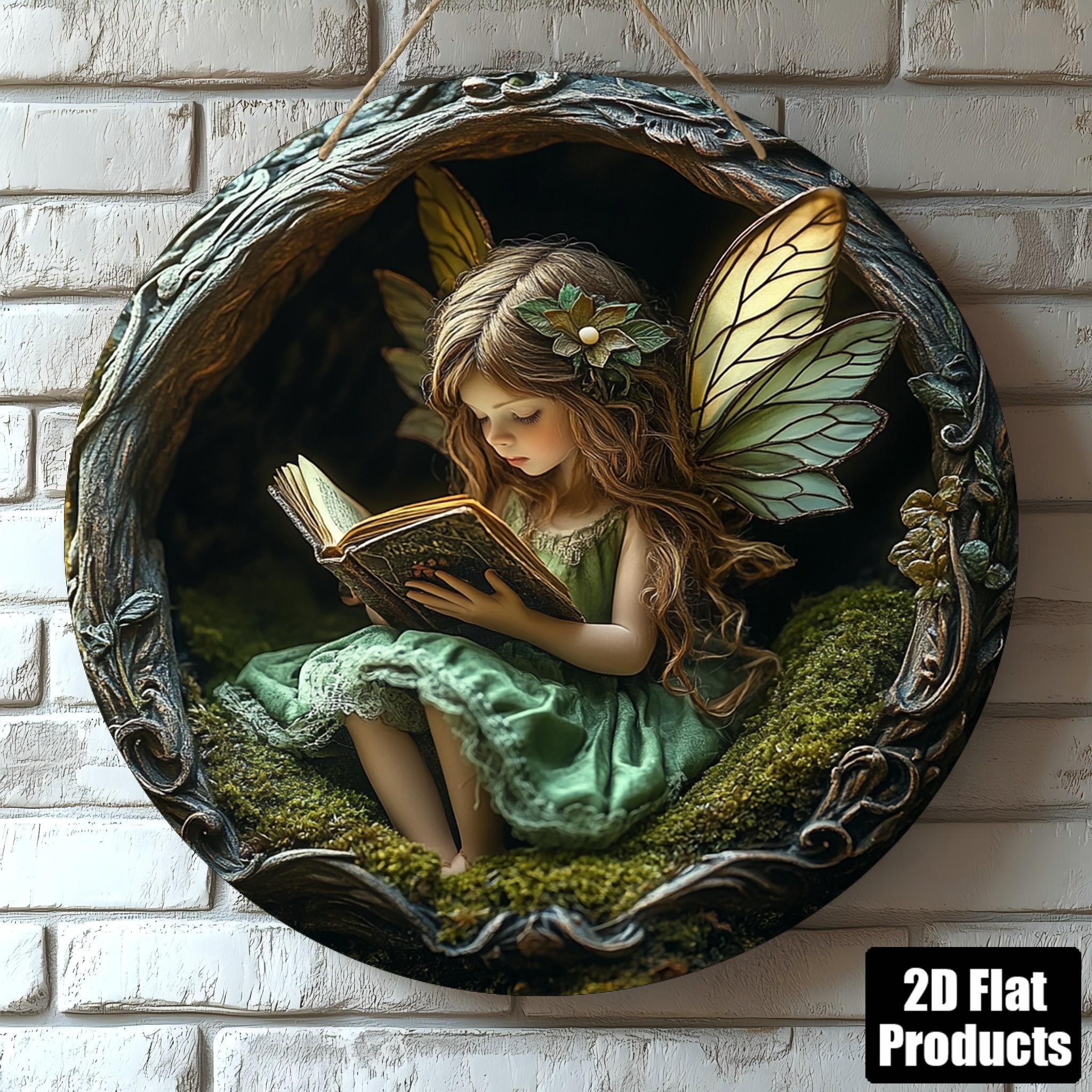 TEMU Art mural rond en bois - Scène de lecture d'elfe magique 2D plat - Panneau décoratif vintage, idéal , , , ou - Design féérique fantaisiste avec