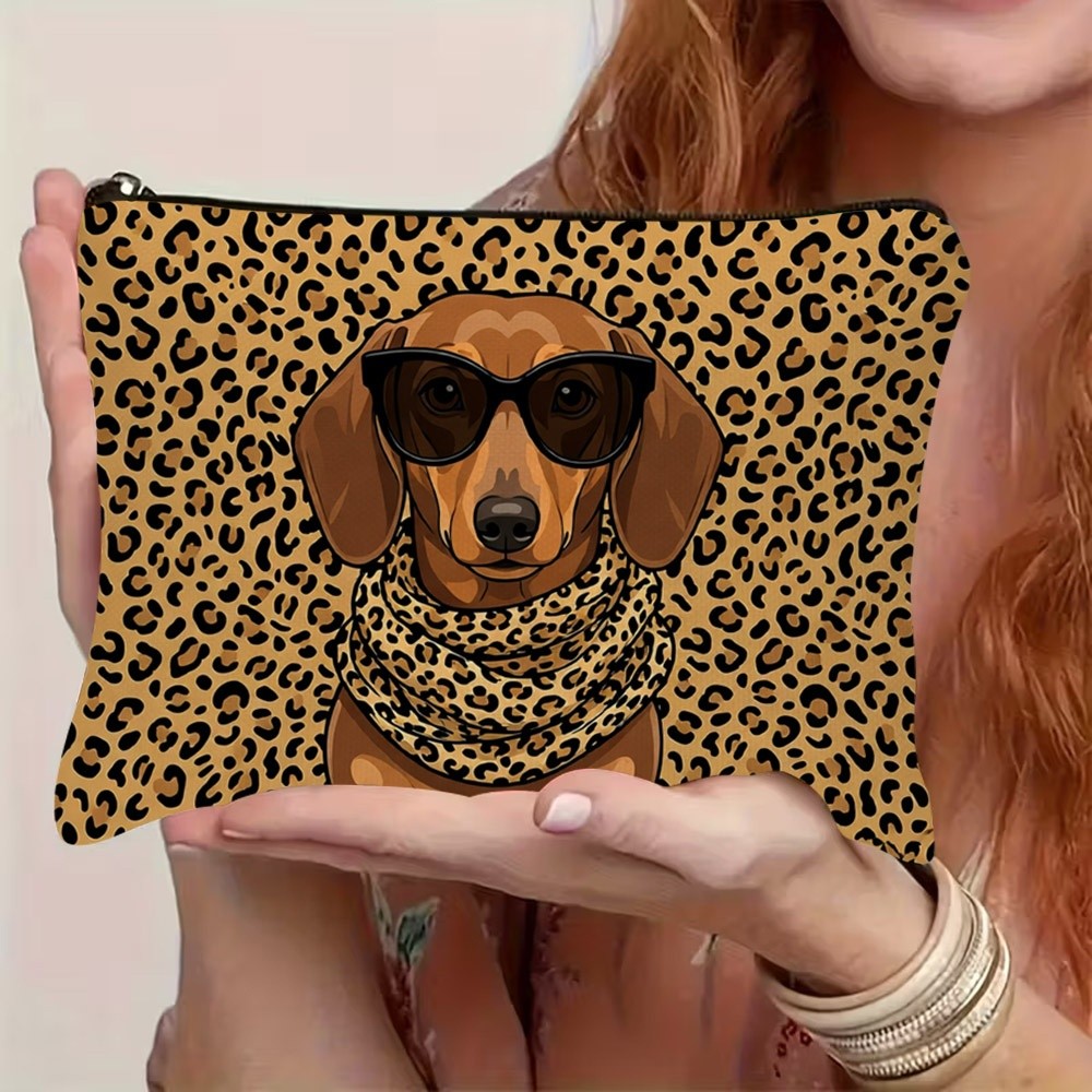 TEMU 1 pièce Trousse à cosmétiques 1 pièce à imprimé teckel, adaptée pour chien léopard et marron avec lunettes tendance/écharpe léopard, pochette