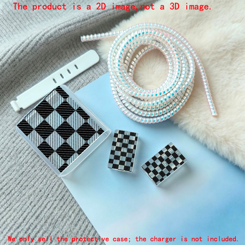 TEMU 5pcs 2d Flat Design Black Checkered Pattern Phone Charger Protection Set: Charger Head Cover + Cable Protector + Storage Cord + Data Cable