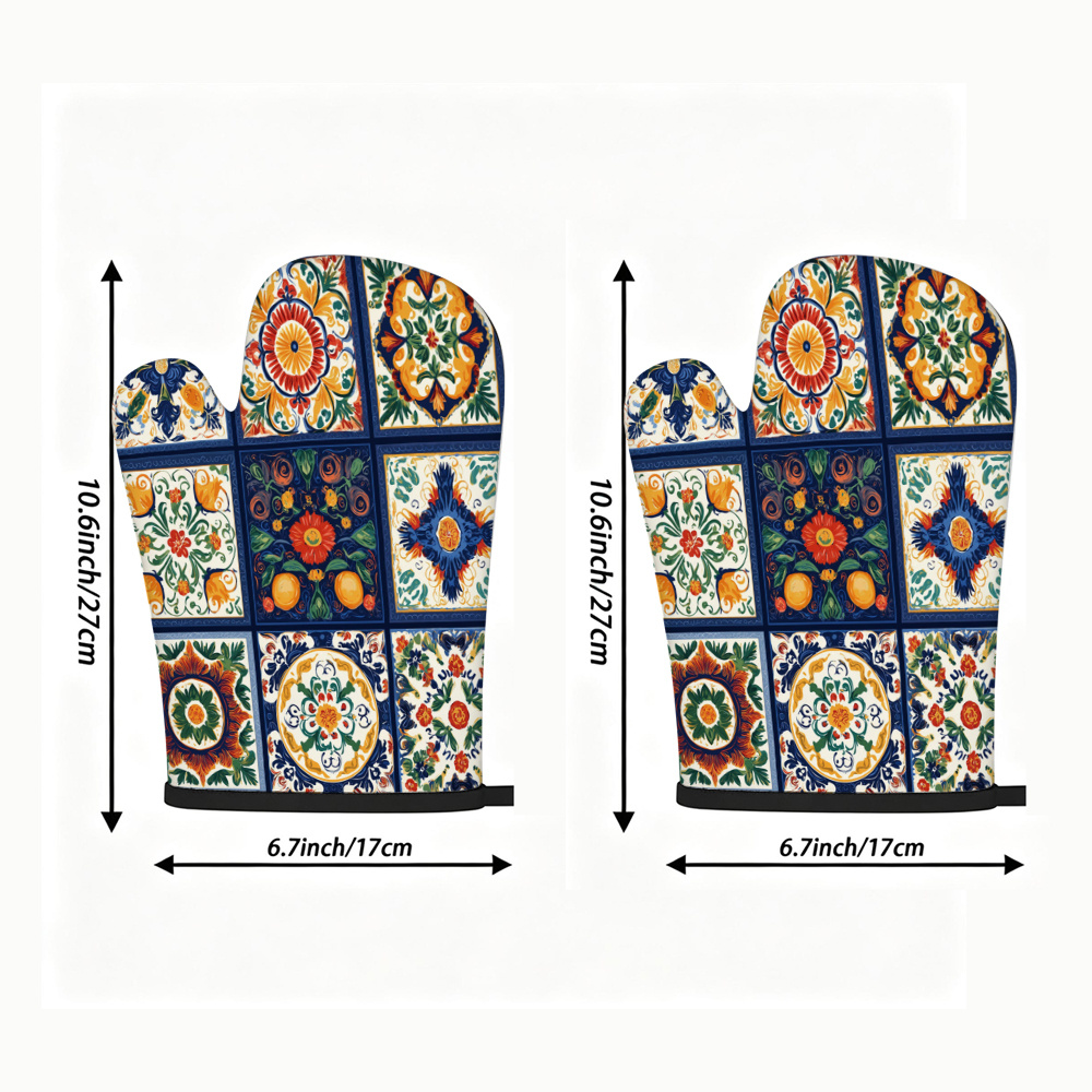TEMU 1 Set Of 2pcs Mexican Talavera Style Oven Mitts, Five-finger Segmented Design With Square Heat-resistant Pads, Decorated With Blue Orange Red