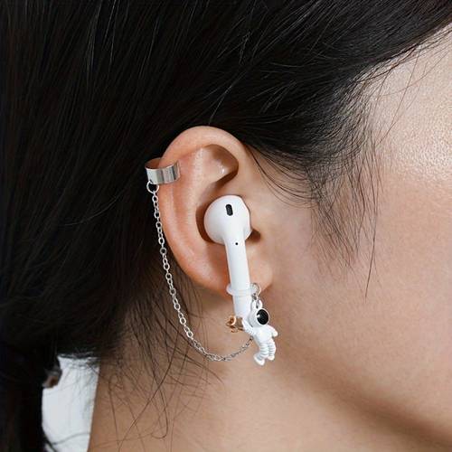 1pair trendy astronaut style earphones with anti drop chain clip and wireless earphones with safety earphone chain