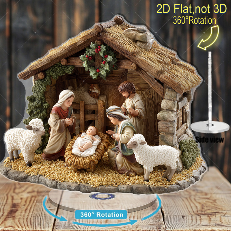 TEMU Statue de Scène de la 2D Plate, 1 Pièce avec Base Tournante à 360° - Marie, & Jésus - de Rotation de l'Étable - Affichage Durable en Acrylique