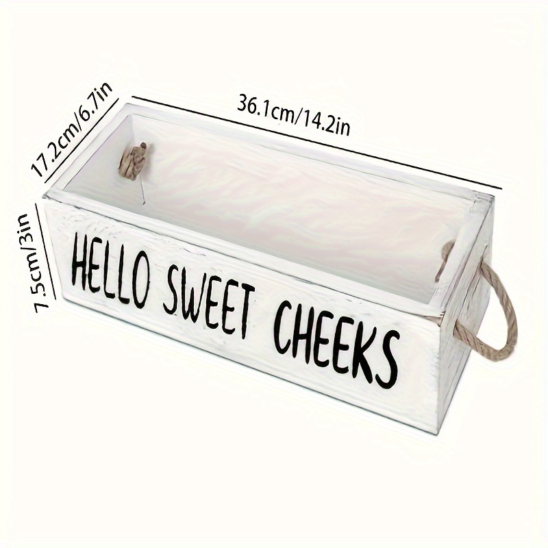 TEMU 1pc Rustic Wood Storage Box With "hello Sweet Cheeks" Label - Wood Grain Caddy, Rope Handle Suitable For Bathroom, Bedroom,, Laundry - Multi-