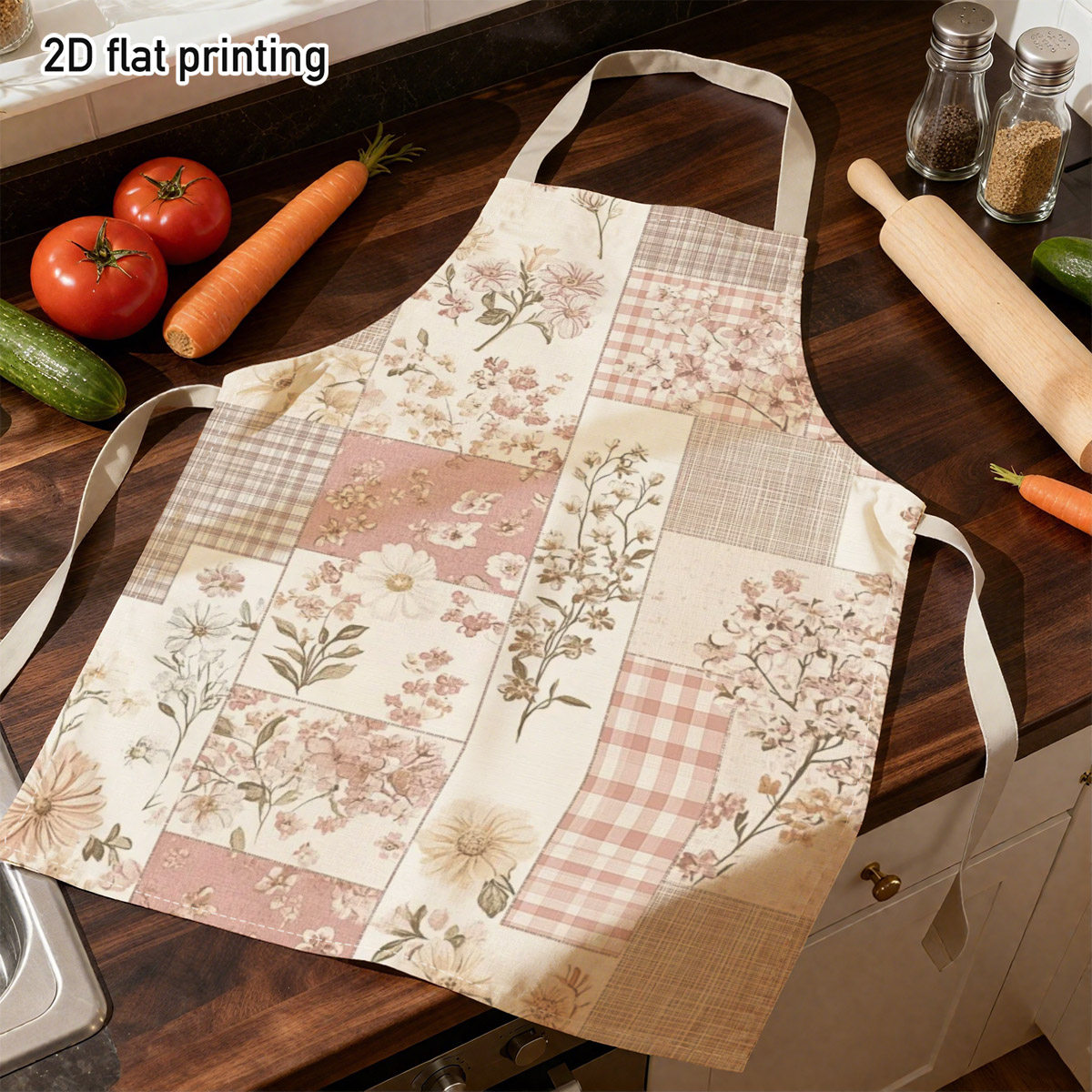 TEMU 1 tablier vintage à floraux et à carreaux - rose avec , tissu adapté à , aux fêtes de jardin et aux brunchs du - Tenue de cuisine pour chefs à