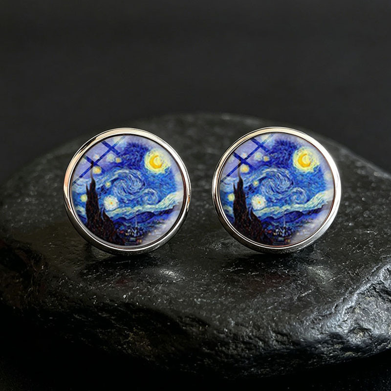 TEMU 1 Pair The Starry Night Round Stud Earring Glass Dome Men's Earrings Stainless Steel Jewelry