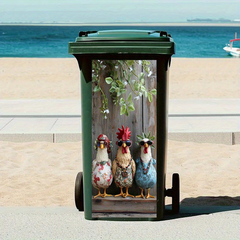 2d Flat 1pc Trash Can Stickers Garbage Bin Decals Featuring 3 Chickens Wearing Sunglasses And Clothes Peel-and-stick Luxury Bin Decals Home Decor Stickers For Modern Interior Design