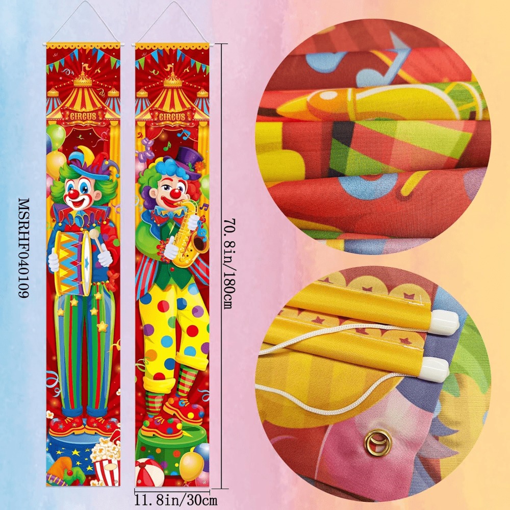 TEMU 2d Flat, 2d Door Banner, 2d Flat Banner, 2pcs Clown Door Banner Carnival Decoration Circus Party Garland For Hanging Interesting Clown Hangings