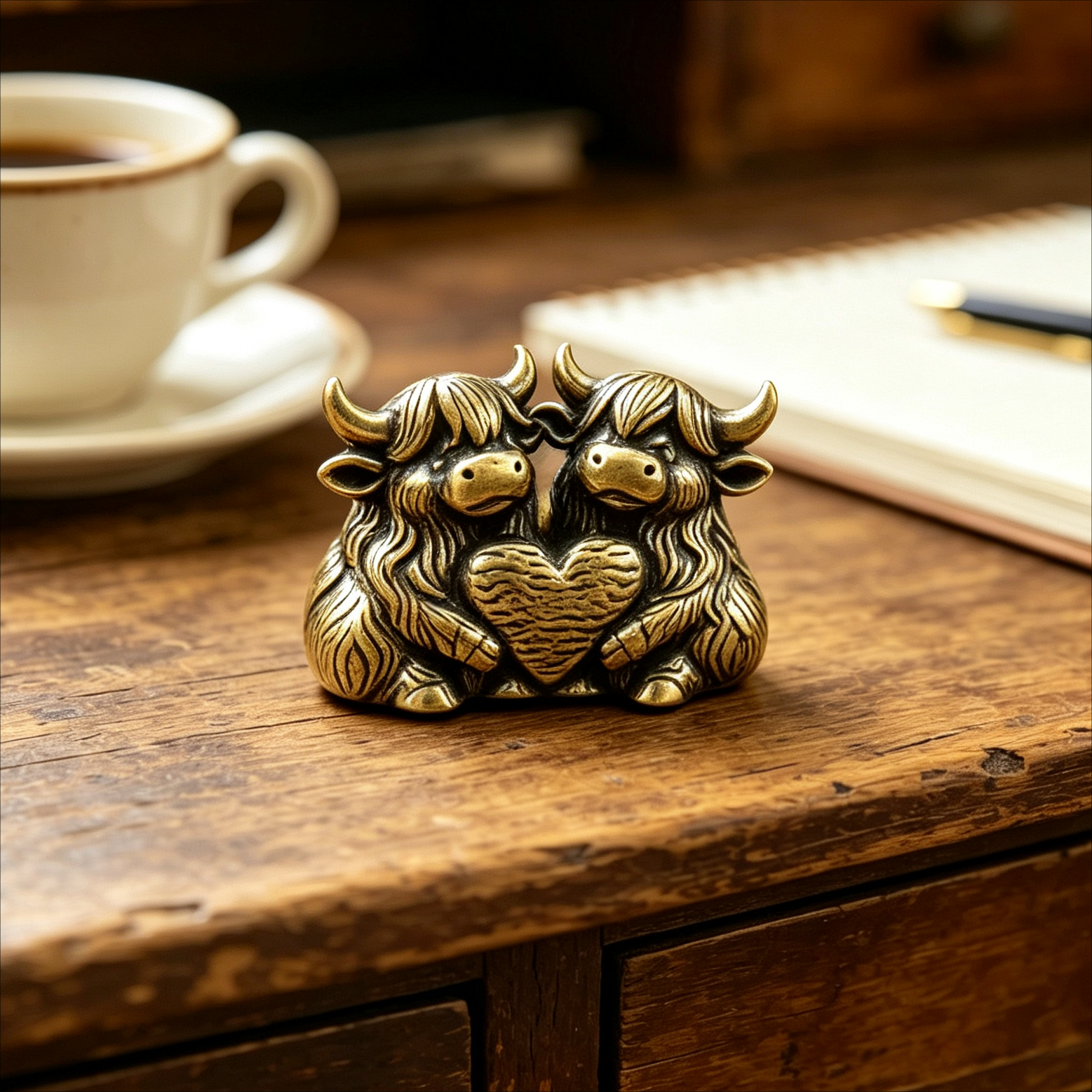 TEMU Vintage Brass Highland Cow Couple Mini Statue Ornament, Handcrafted With Exquisite , Heart-holding Design Desktop Decoration For Halloween