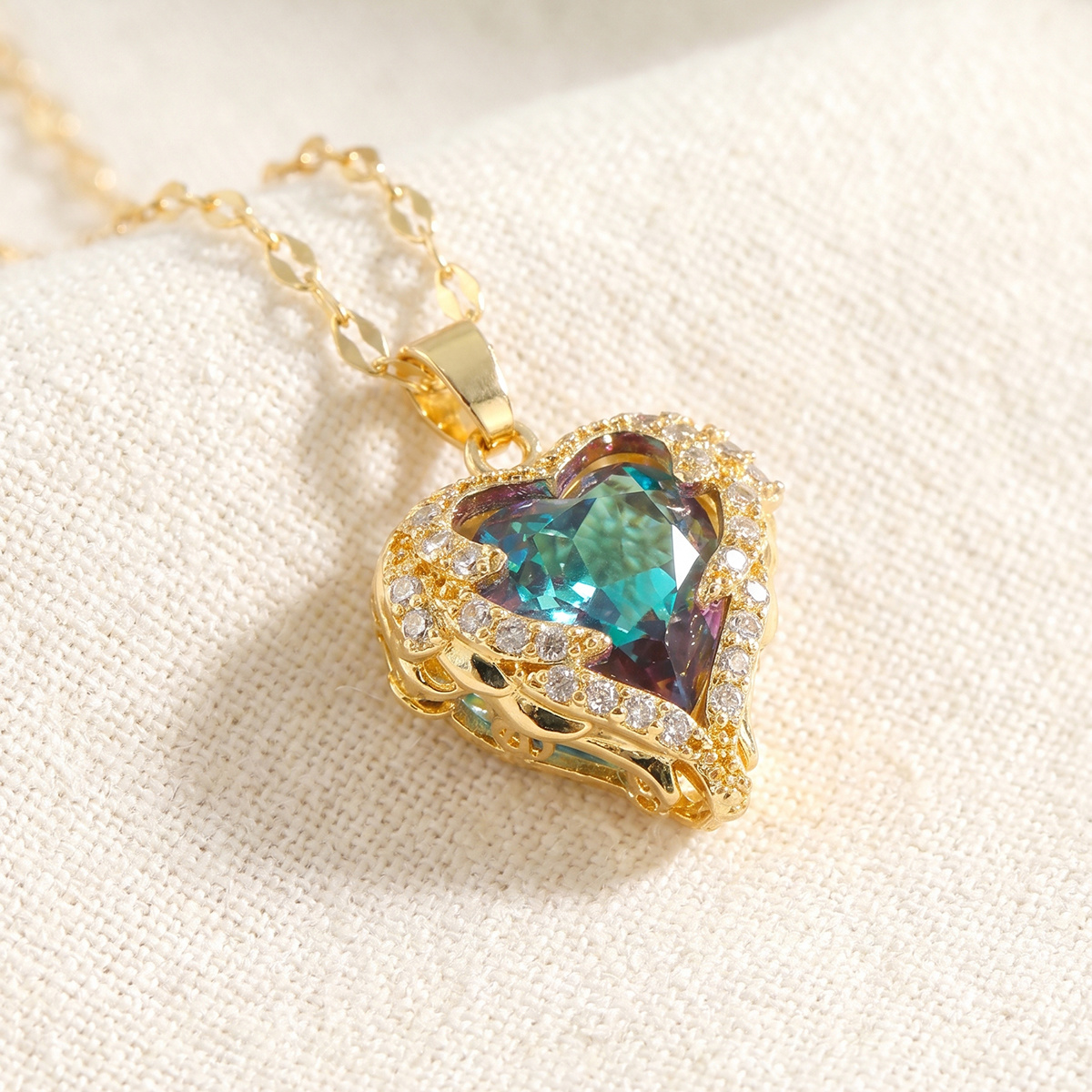 Lnchran 1pc 316l Stainless Steel Plated Heart Pendant Necklace With Synthetic Gemstone & Micro Pave For Women