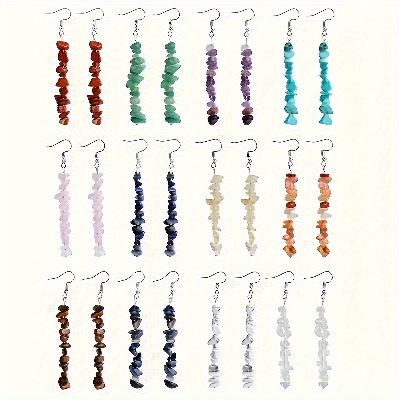 TEMU 12-pair Natural Stone Bohemian Dangle Earrings - Multicolor Gravel Stone Drop Earrings With Natural Irregular Stones, Retro For, For Wear & Vacation (no Plating)