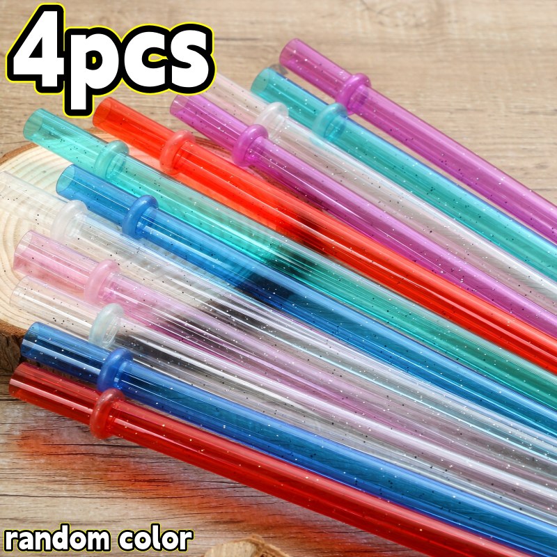 TEMU 4pcs Reusable Plastic Straws Random Colors, Fit Multi- Cups, Commercial And Outdoor Use, Special Glitter Straws, Transparent With Anti-slip Ring